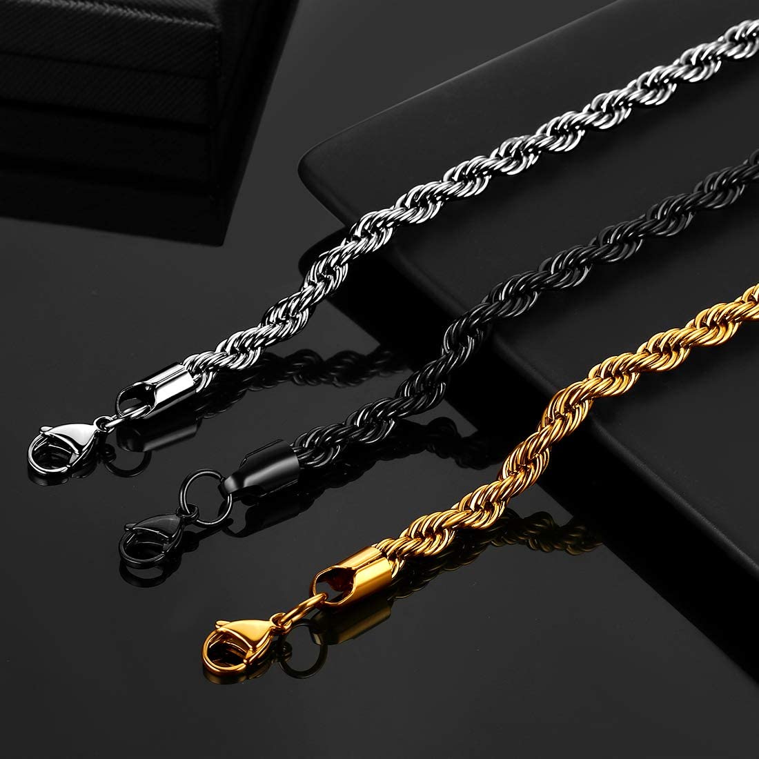 Twist Rope Chain Men 316 Stainless Steel 3mm/6mm Width Twisted Chains Mens 18 inches-30 inches Necklace Black Gun/18K Gold Plated Hip-Hop Jewelry