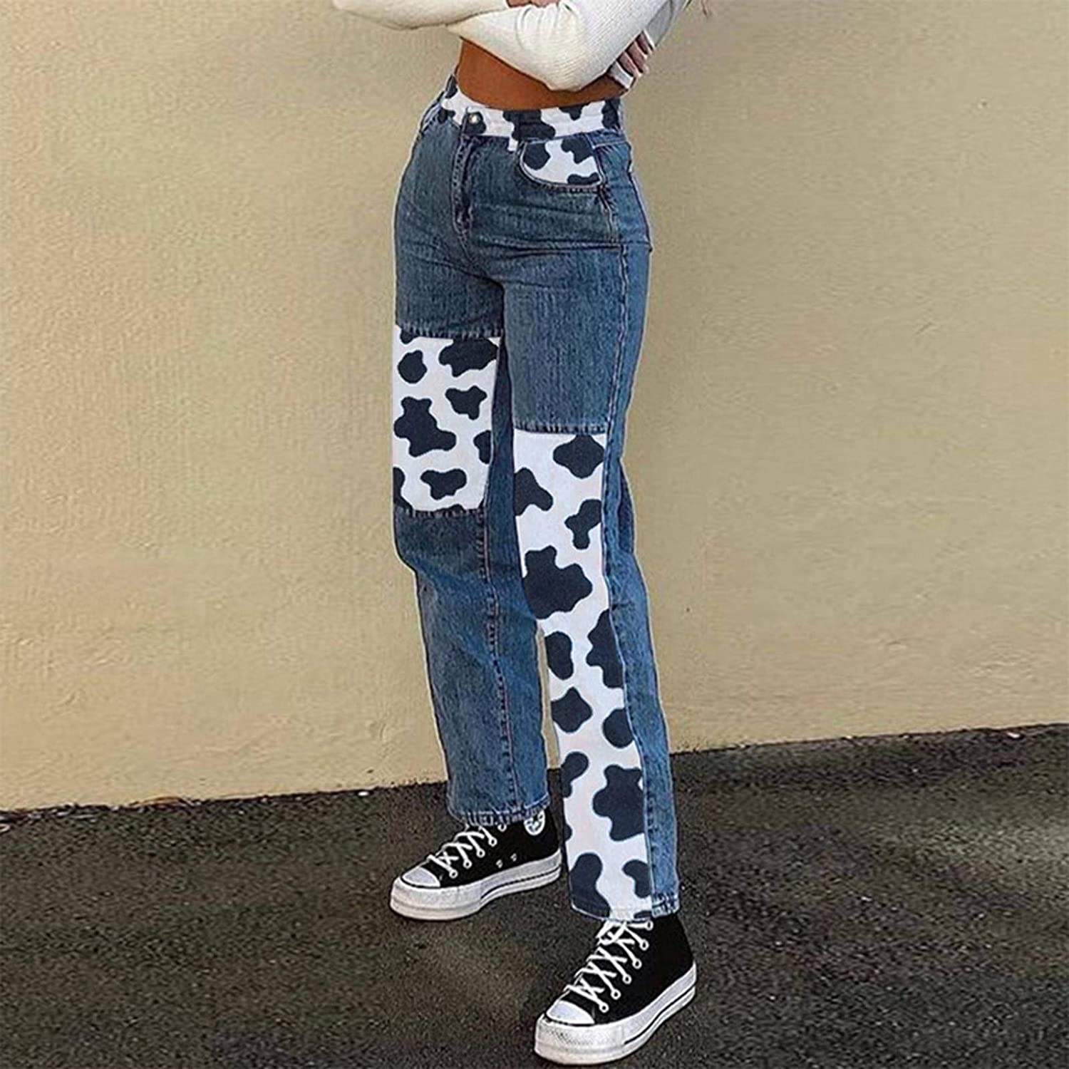UANOU Animal Cow Printed Vintage Straight Jeans Patchwork Skinny Pants Women Denim Pantalon Autumn Black Blue Trousers Vaqueros Mujer