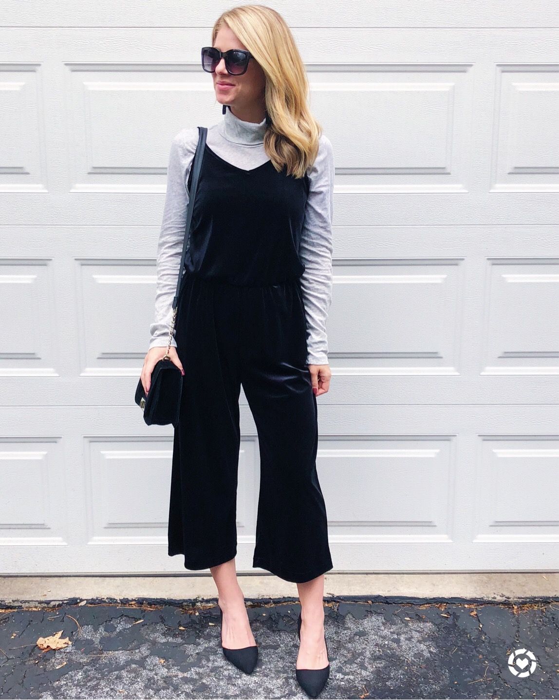 Velvet jumpsuit with grey turtleneck