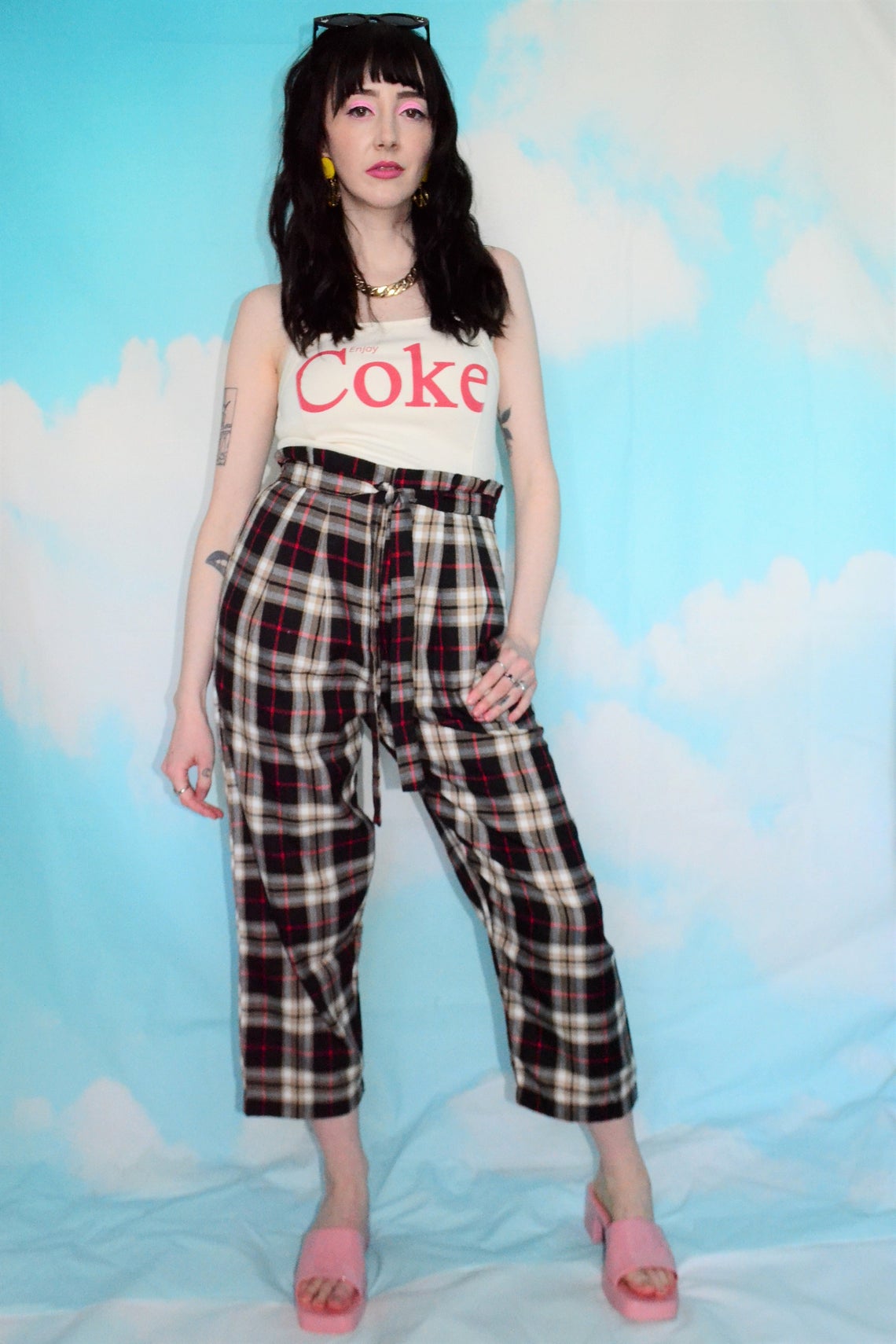 Vintage 90's Checked Plaid Cropped Trousers - Tartan Pants Patterned Check Print Black, Beige, White and Red