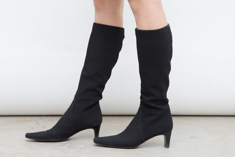 Vintage Black Sock Boots, Jaime Mascaro Boots, Size 38 Shoes, Black Heeled Boots, Autumn Tall Boots, 1990s Small Heel