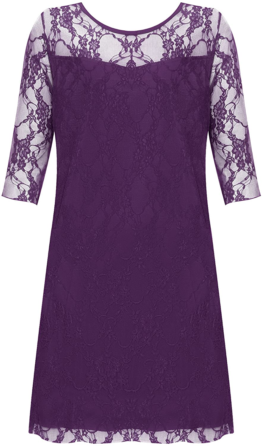 WearAll New Ladies Lace Lined 3/4 Sleeve Plus Size Womens Knee Length Stretch Dress