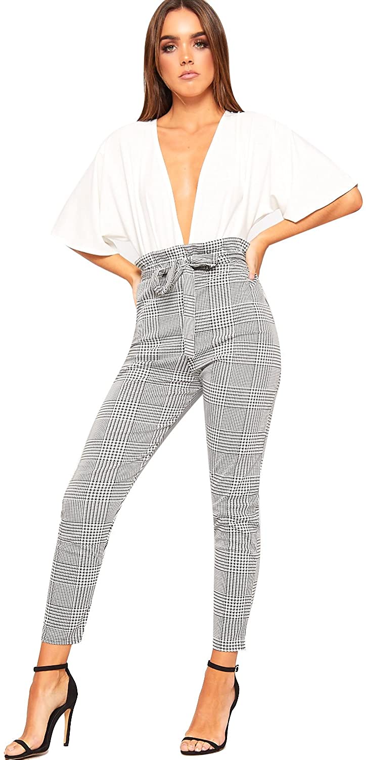 WearAll Women's Houndstooth Check Print Paper Bag Ruffle Frill Belted Ladies Trousers 6-14