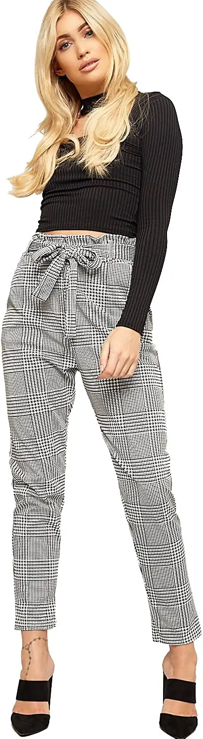 WearAll Women's Paperbag Tartan Checked Print Pocket Stretch Pants Ladies Belted Trousers 6-14
