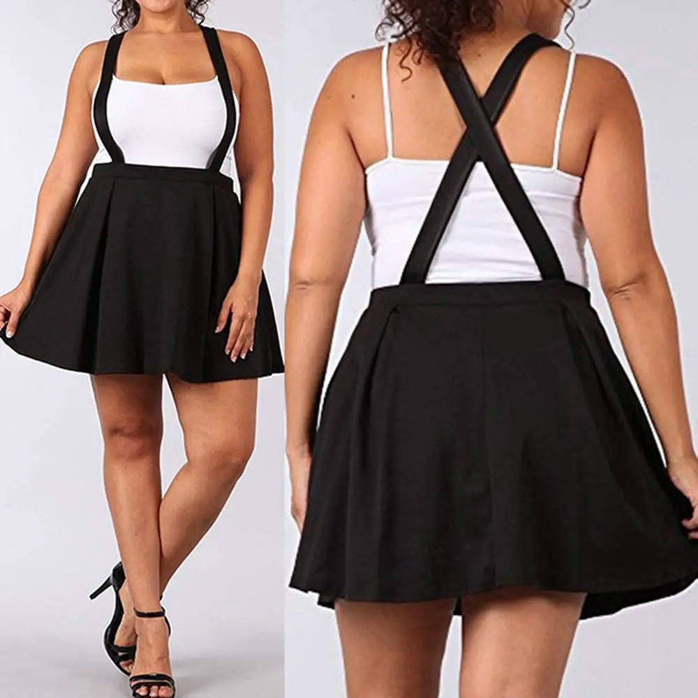 Women's Casual Suspender Skirts Basic High Waist Flared Skater Skirt, Women Black Plus Size S-5XL Loose Strap Pure Color Short Mini Skirt