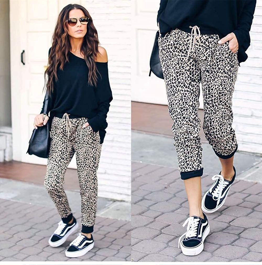 Womens Jog Pants Leopard Print High Waist Drawstring Joggers