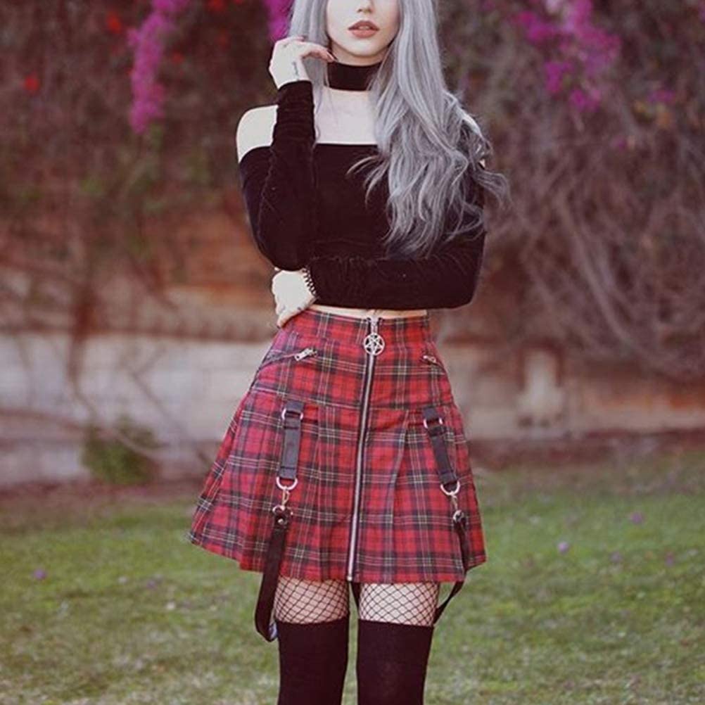 XIANGLIOOD Women's Plaid A-line High Waist Flare Pleated Short Mini Black Red Skirt