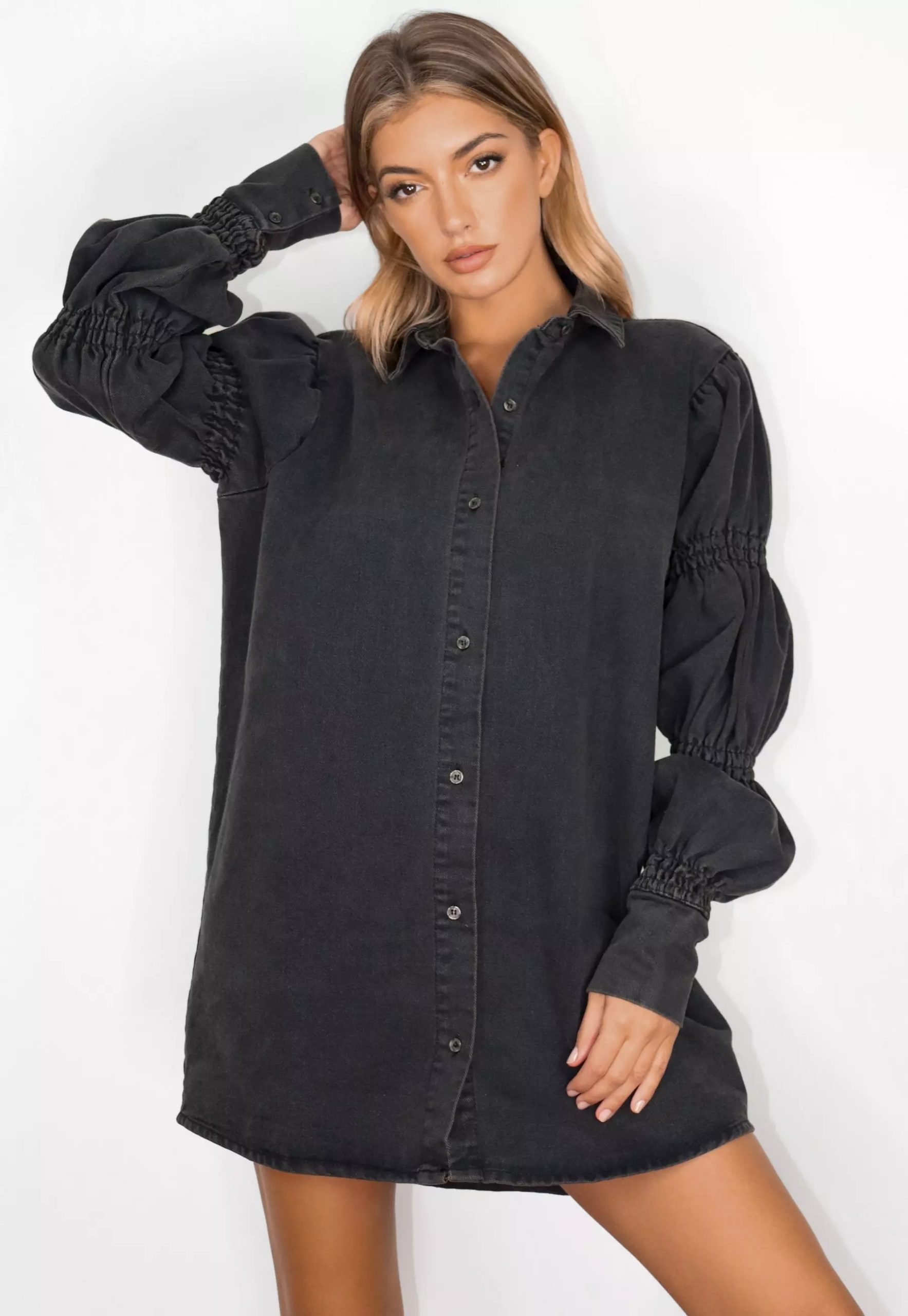 black elasticated puff sleeve denim shirt dress
