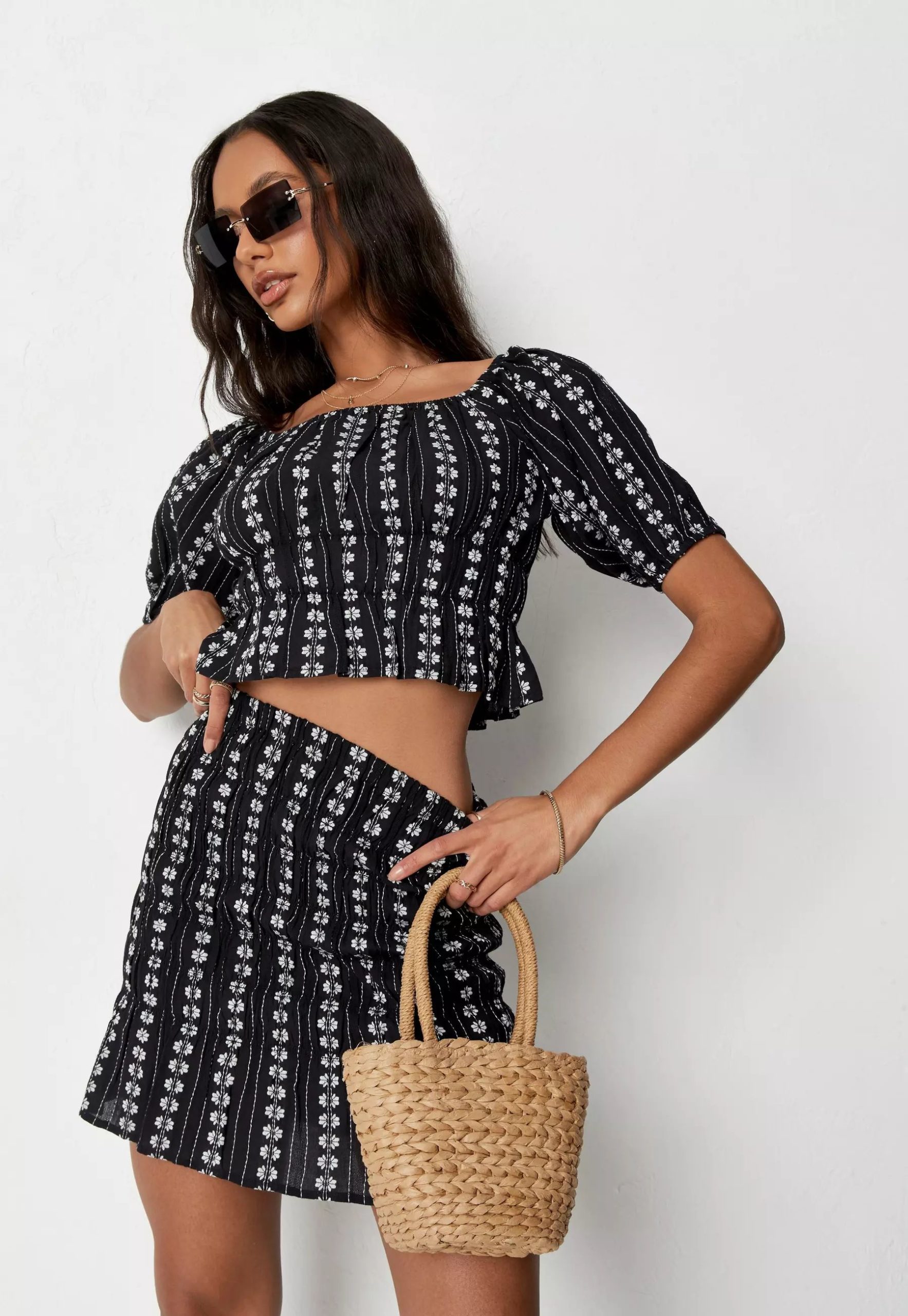 black floral print shirred bodycon mini skirt