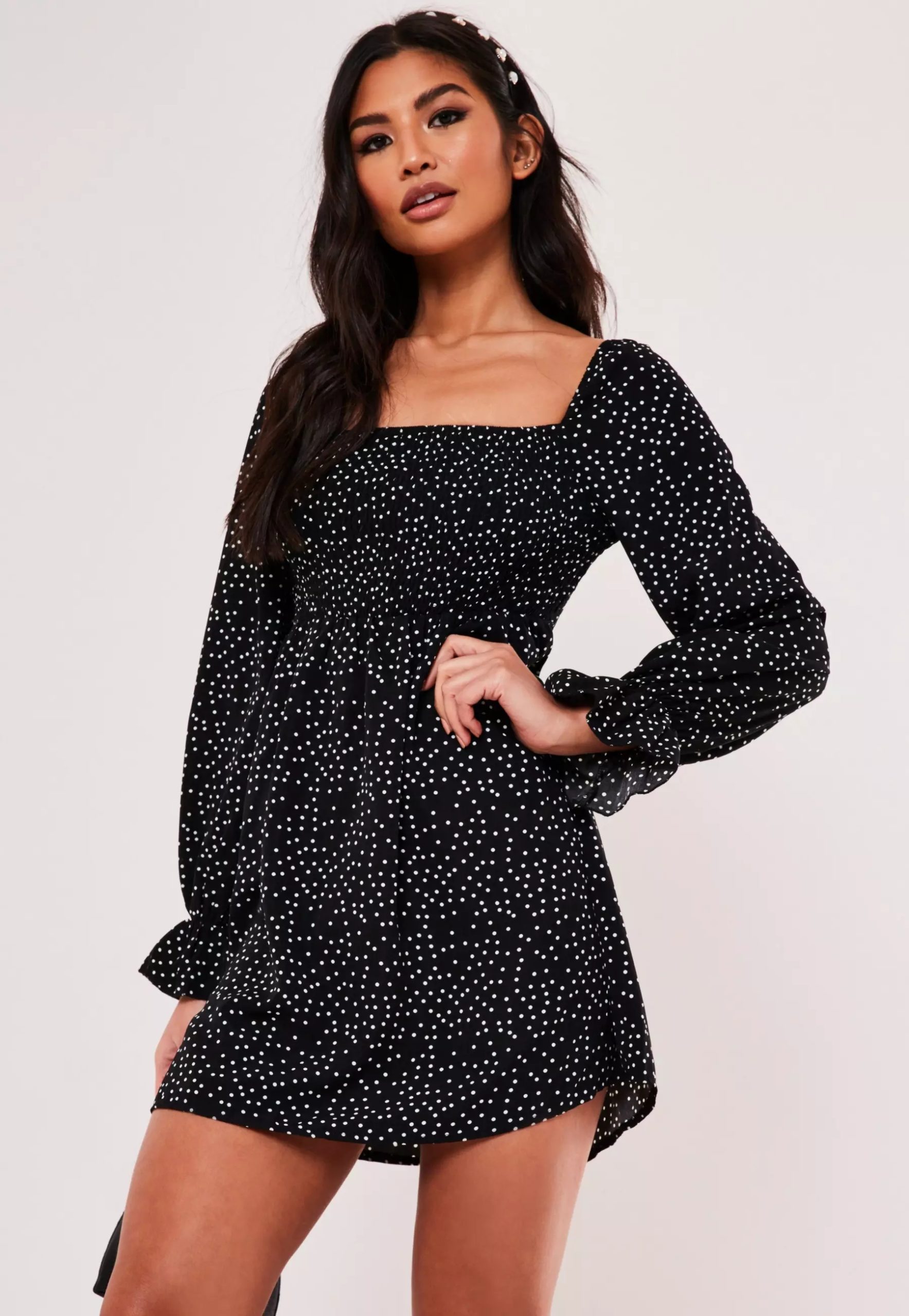 black milkmaid shirred ditsy print mini dress