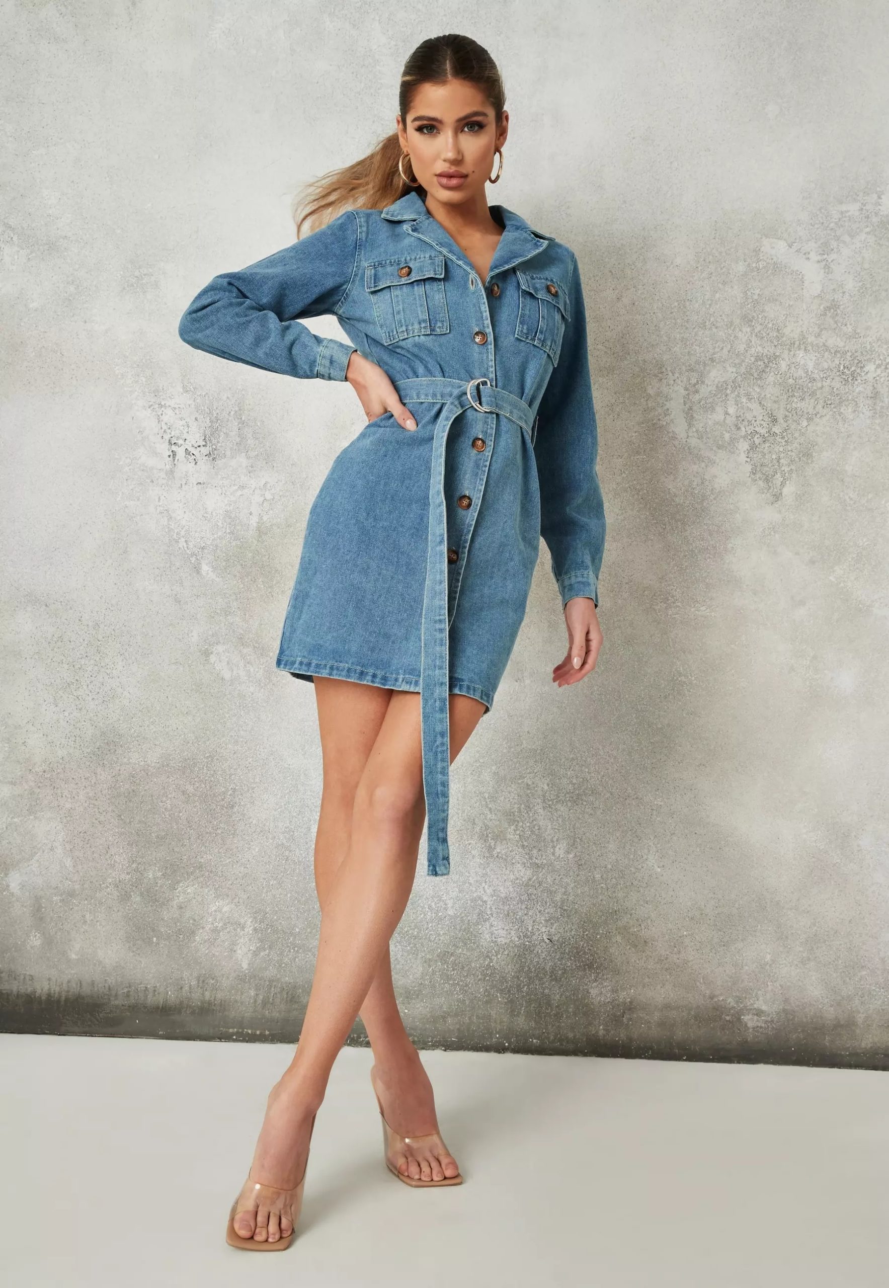 blue button through denim shirt dress