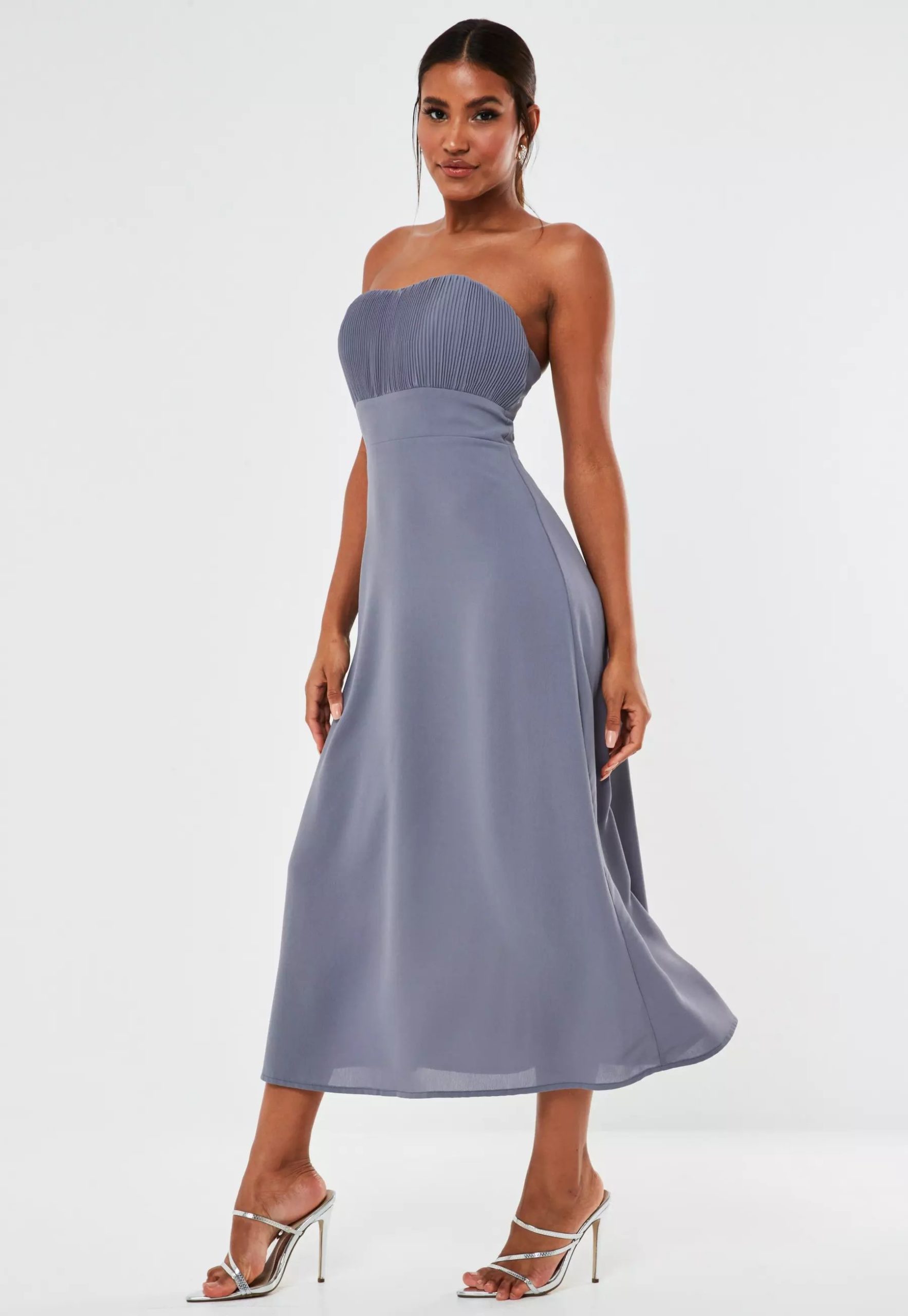 blue pleated bust strapless midaxi bridesmaid dress