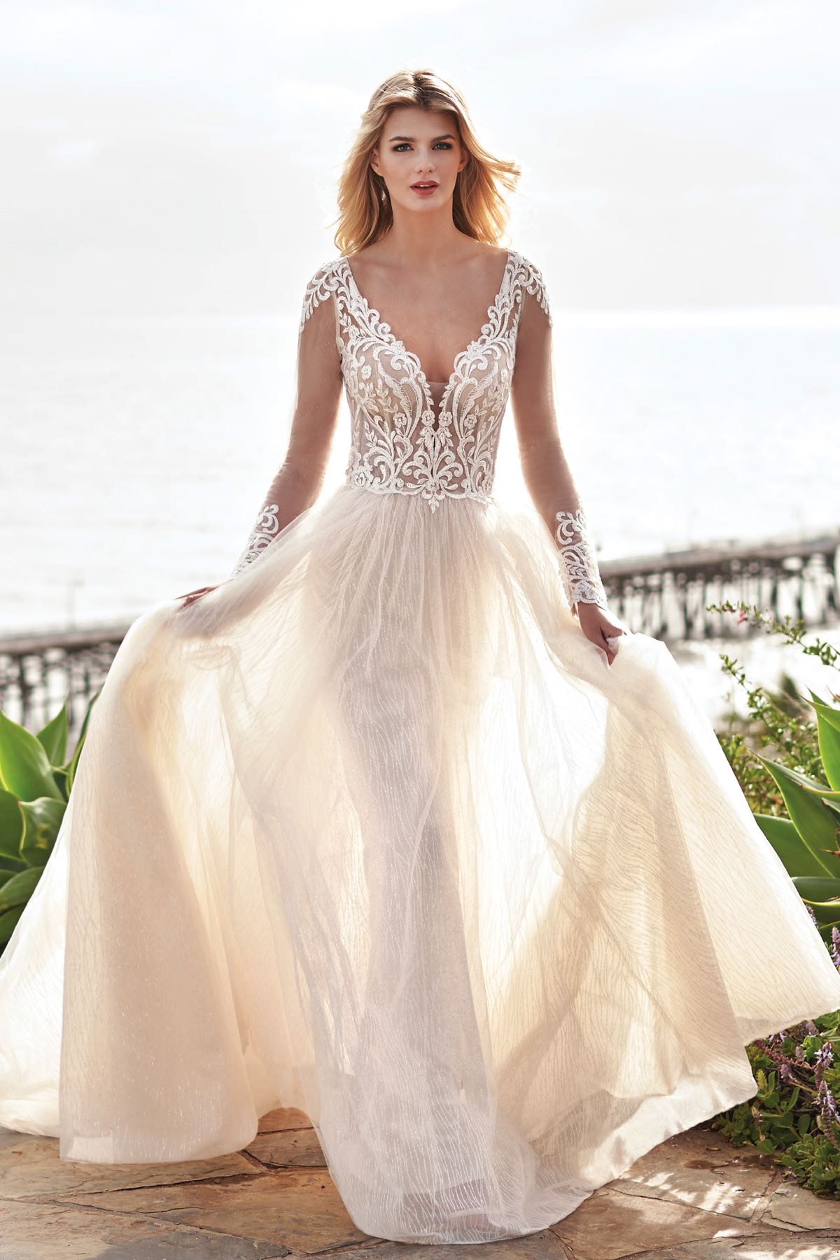 V-neck Line with Embroidery White Lace Maxi Dress