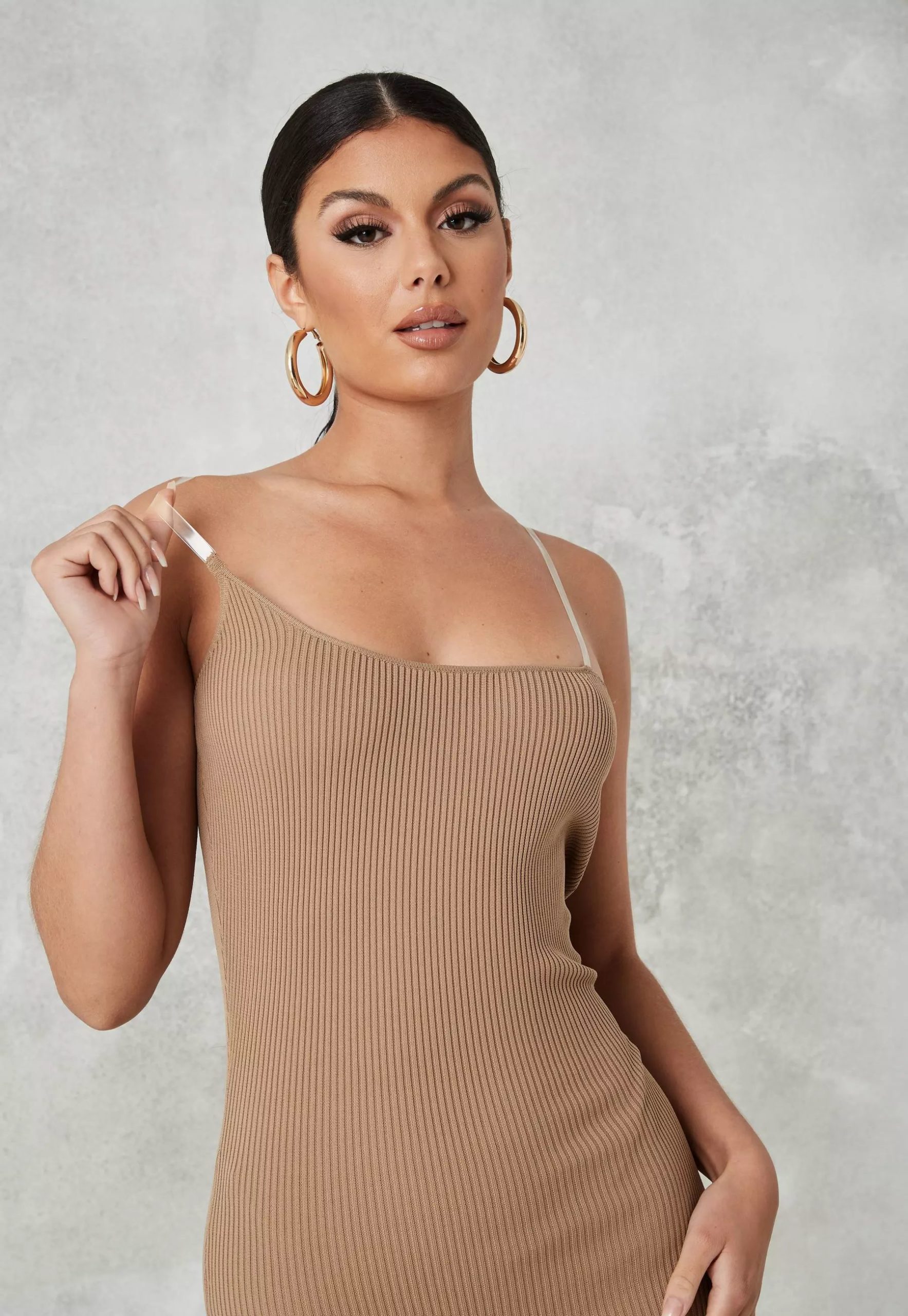 brown transparent strap knit midaxi dress