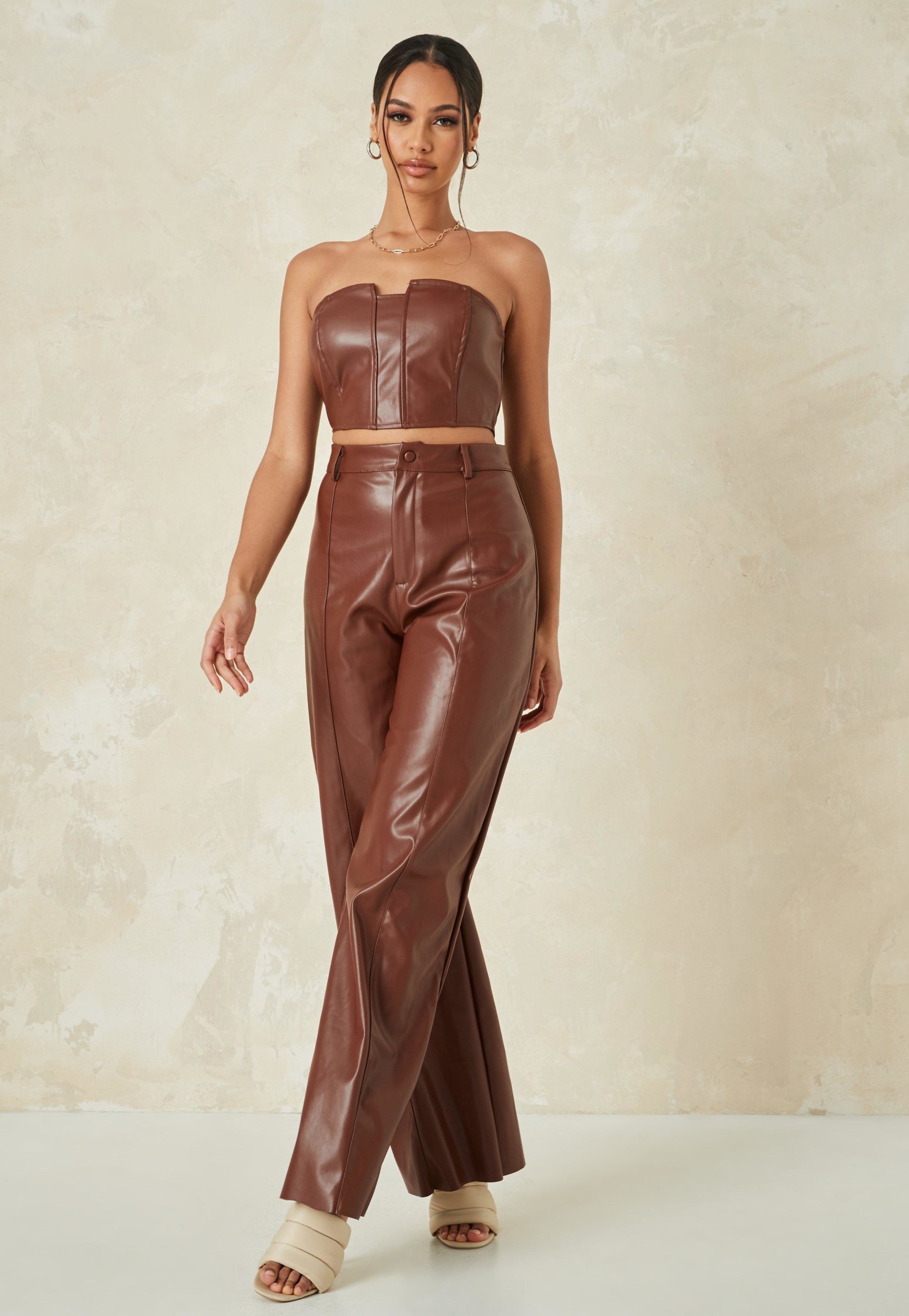 chocolate co ord faux leather wide leg trousers