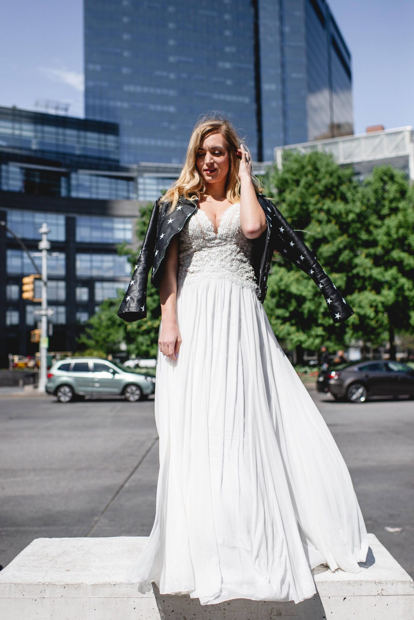 White Lace Maxi Dress with leather black jacket