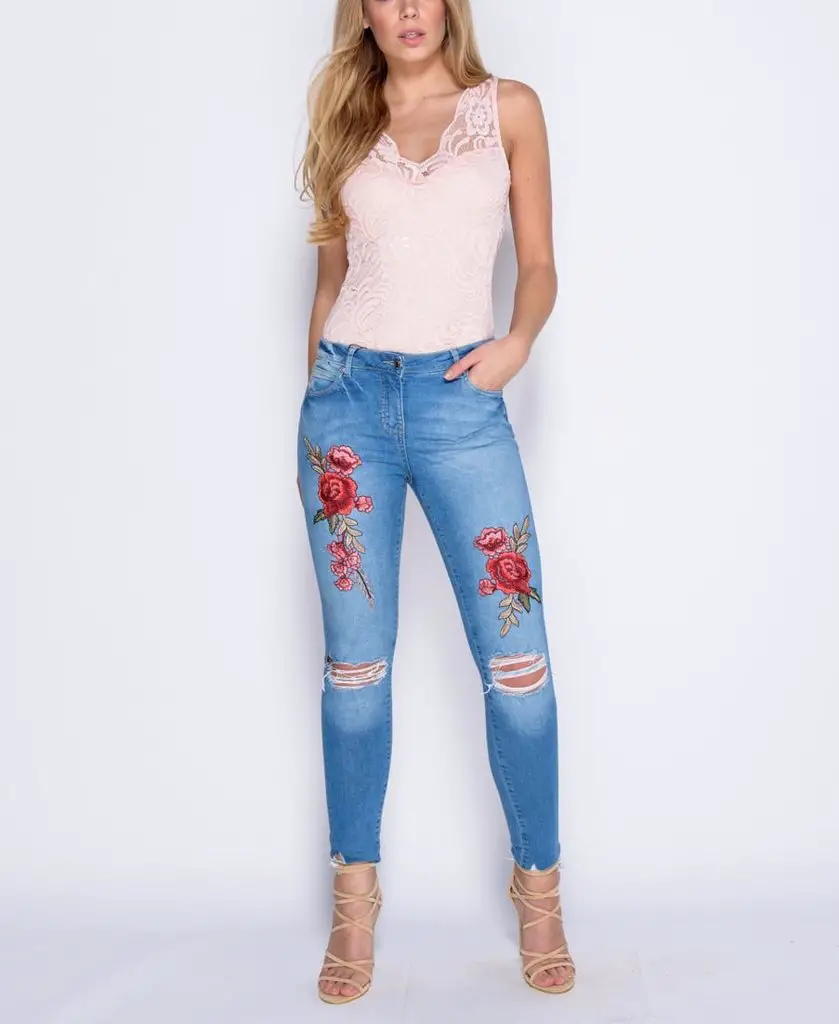 Embroidered Patch Rip Detail Skinny Jeans