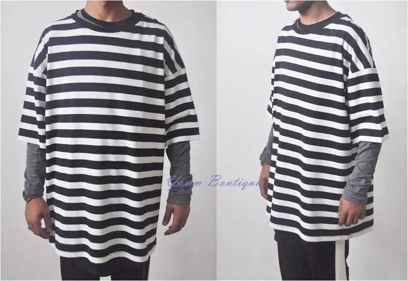Black White Striped Dropped Shoulder 0 Neck Scoop Short Sleeve T-shirt 