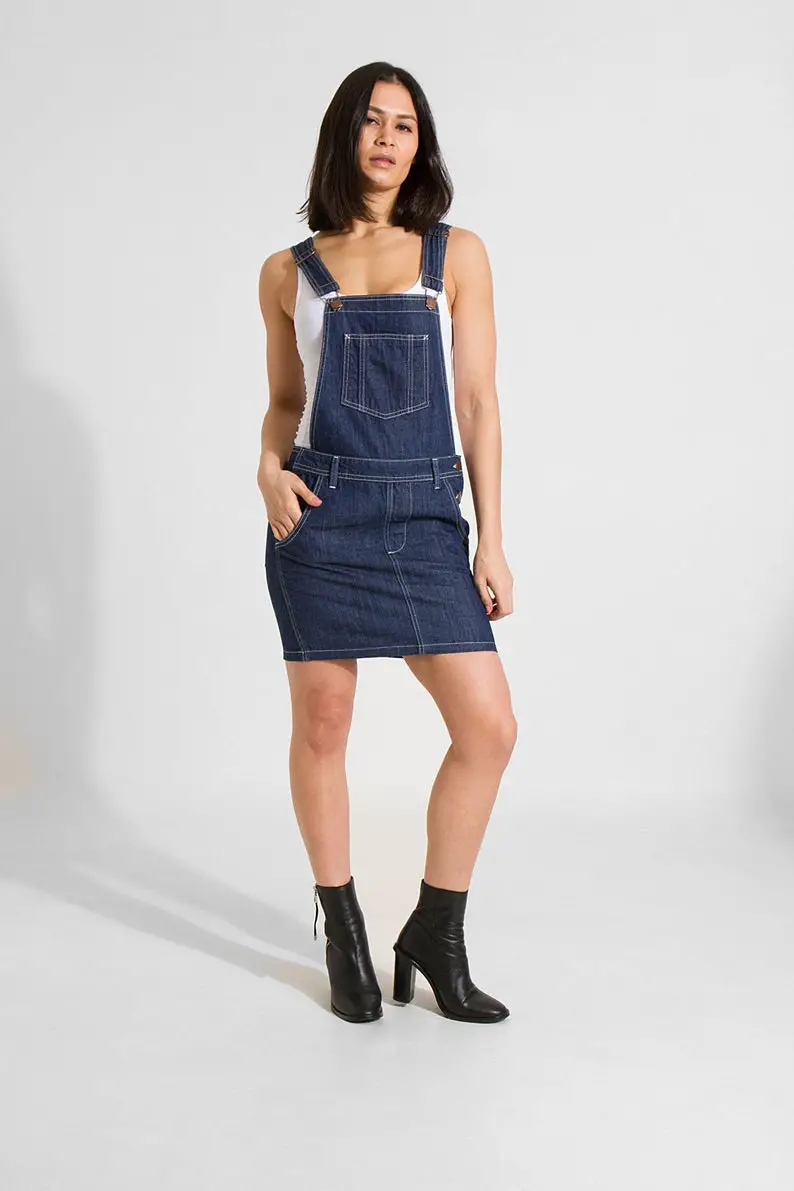 Cicely Womens Short Denim Dungaree Dress -Rinsed Blue