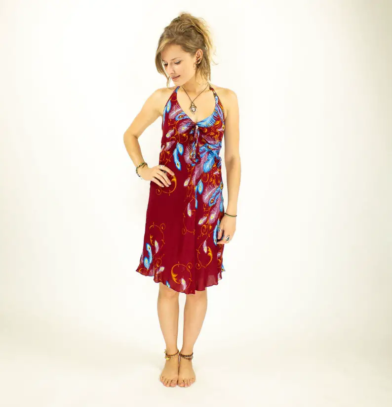 Halterneck Hippie Red Paisley Dress Boho Beach Dress