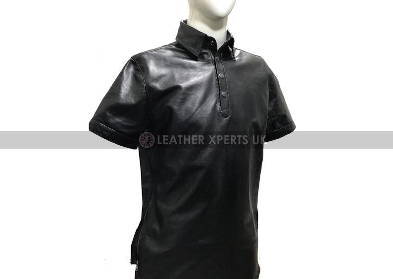 Mens Black Faux Leather Side Zipper Shirt 