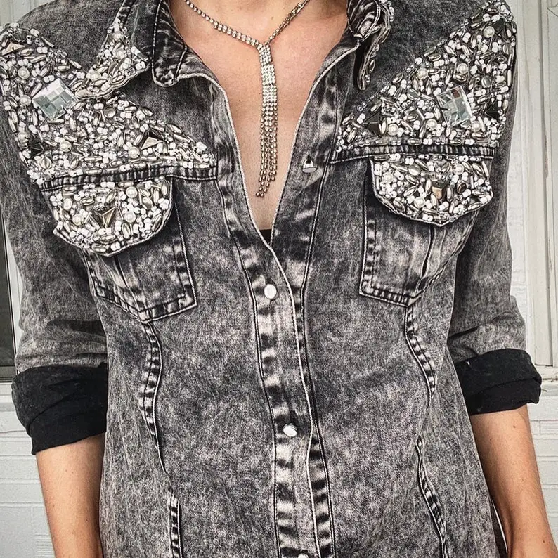 Acid washed embellished Western Shirt