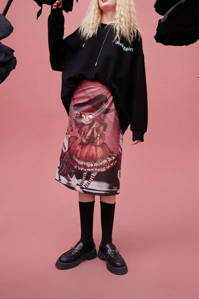 Graphic High Wasit Korean Vintage Leather Midi Skirt