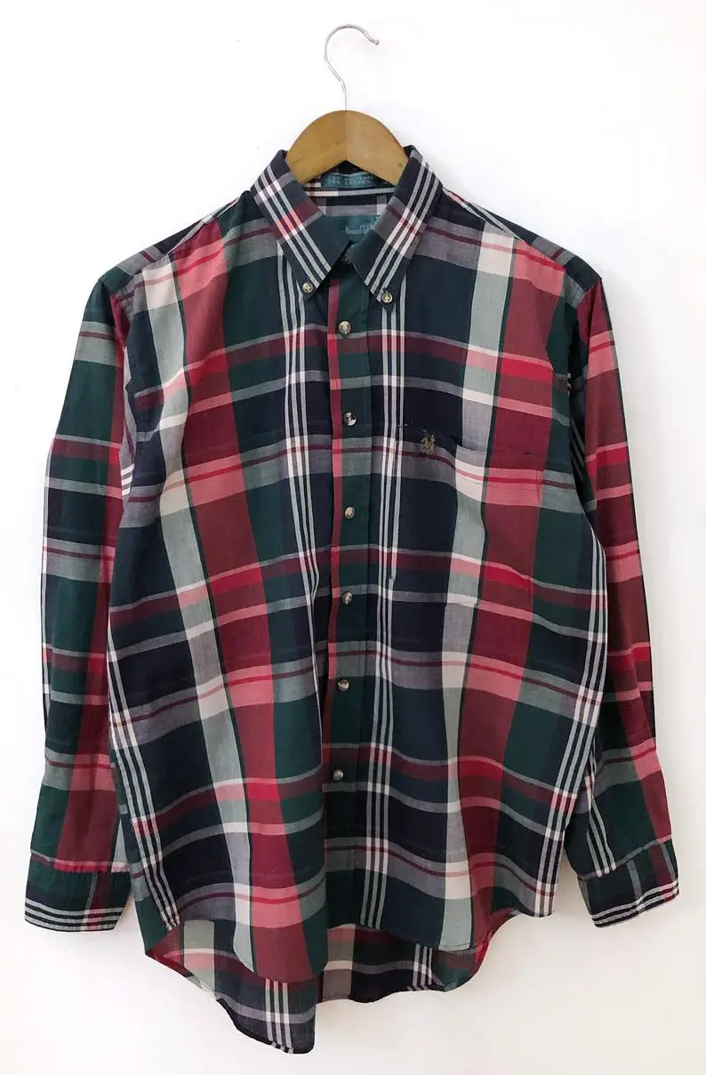 Colorful Crisp Vintage 90’s Knights of Round Table Long Sleeved Checkered Plaid Collared Button Up Down Dress Shirt