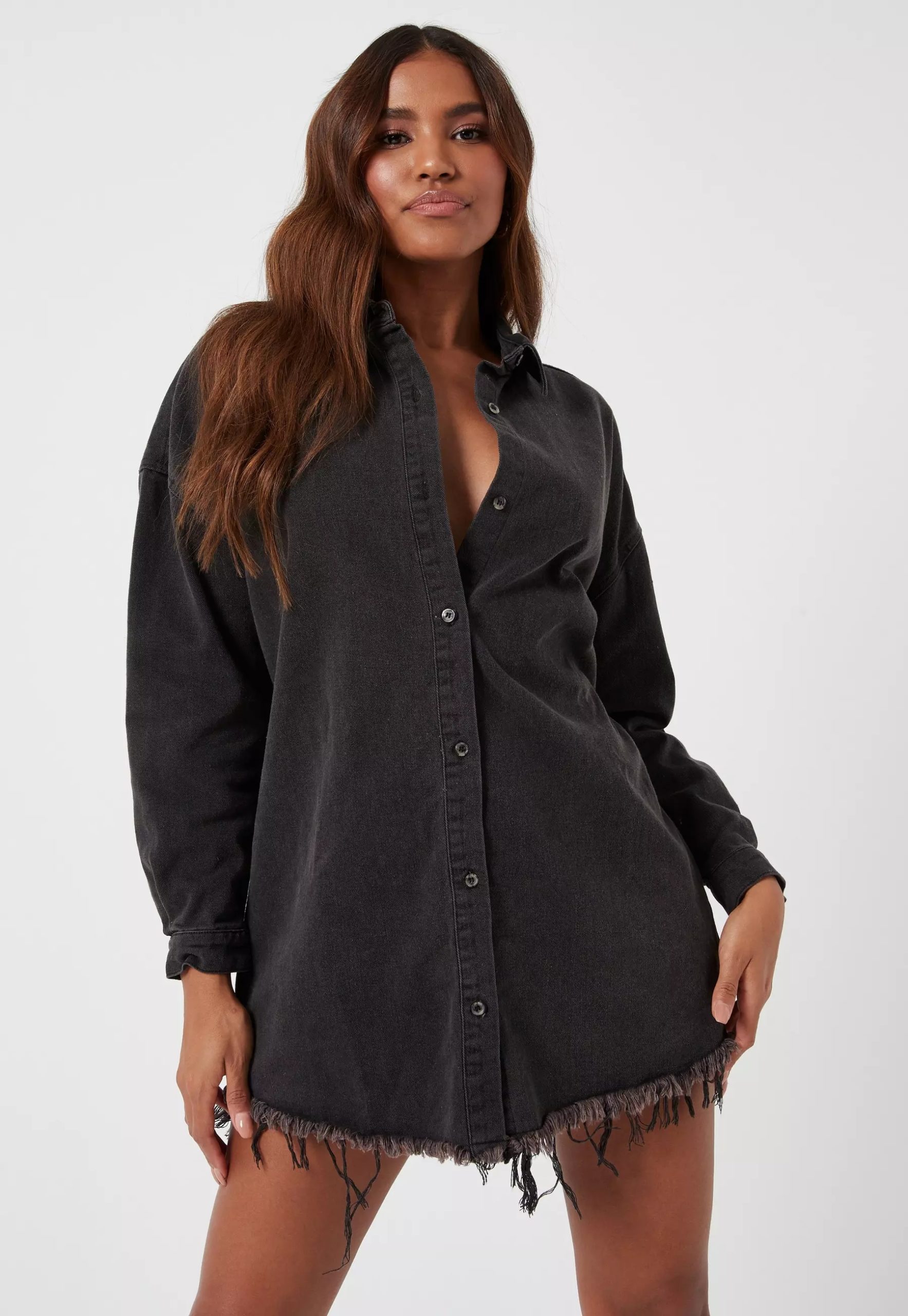 petite black oversized denim shirt dress