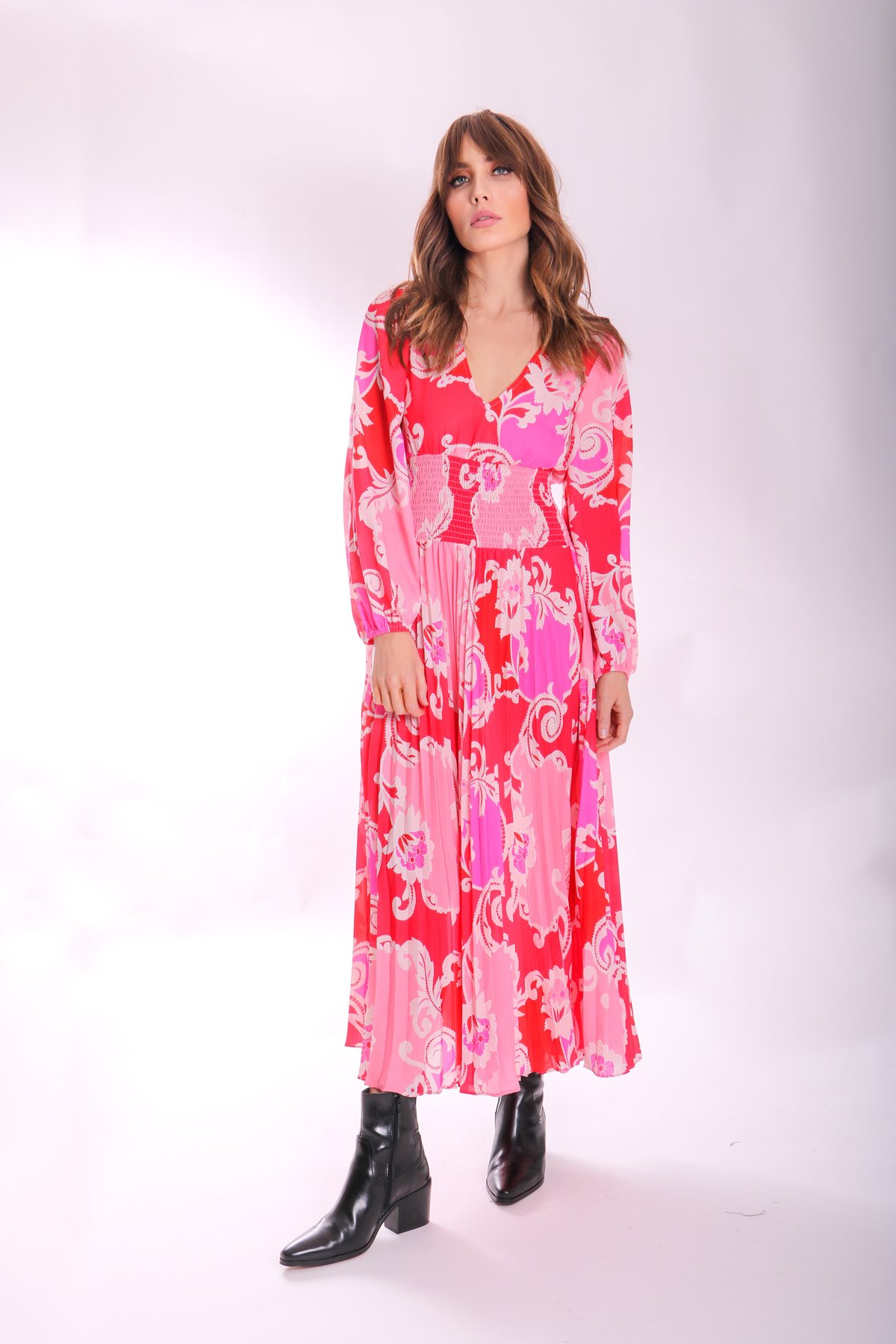 PAISLEY PRINTED AURORA MIDI DRESS IN PINK