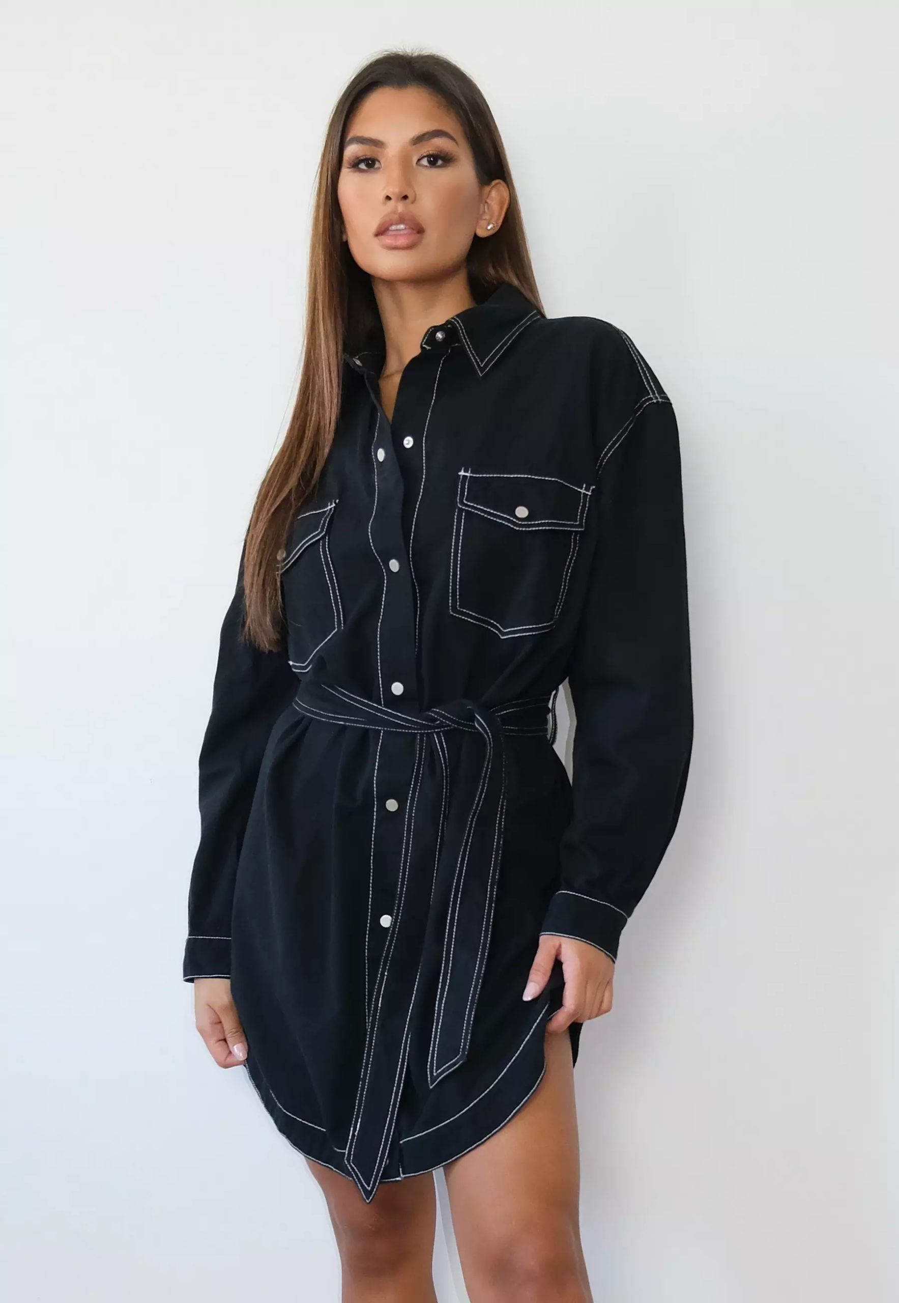 tall black oversized contrast stitch denim shirt dress