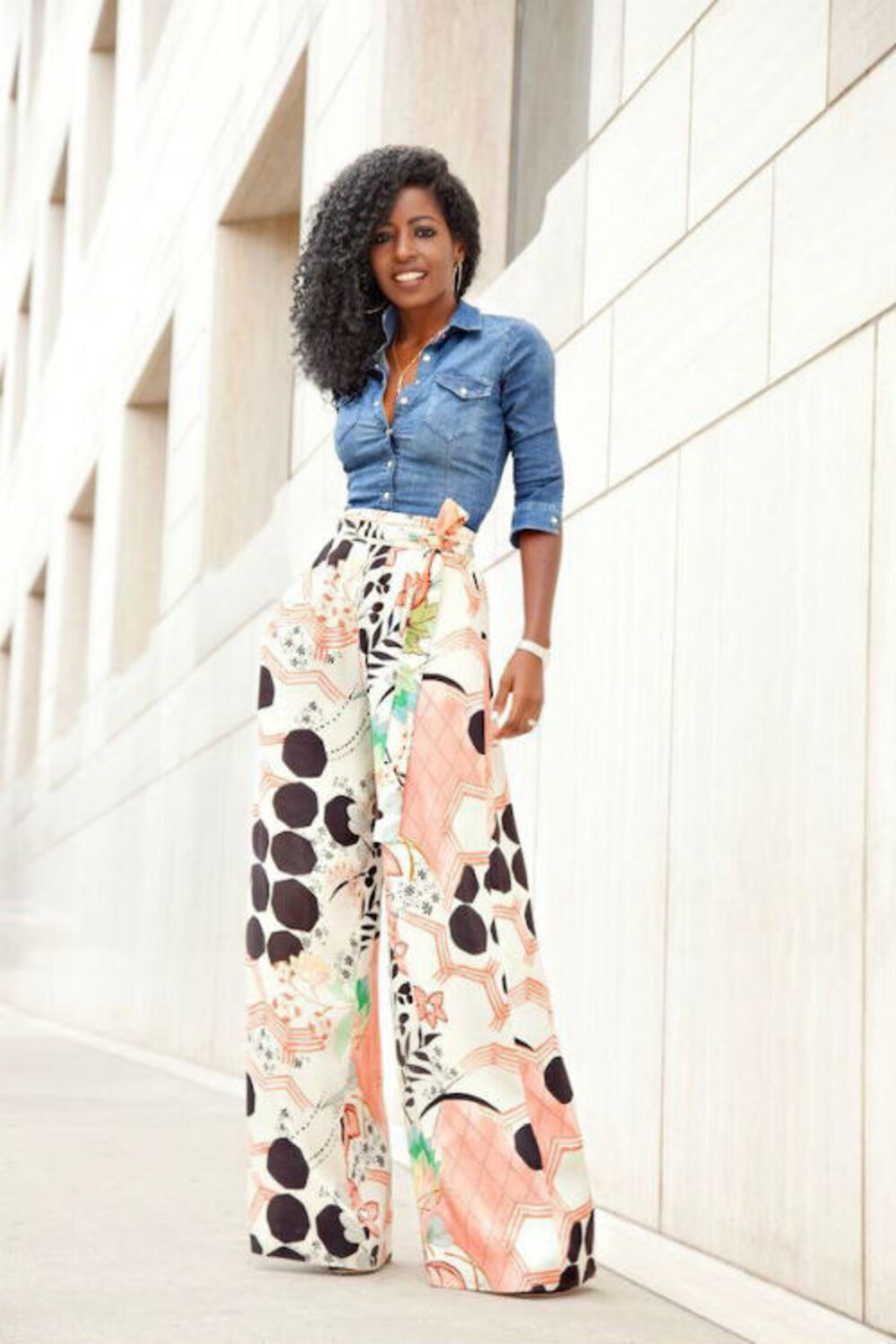 Women Patterned pants with denim shirt
