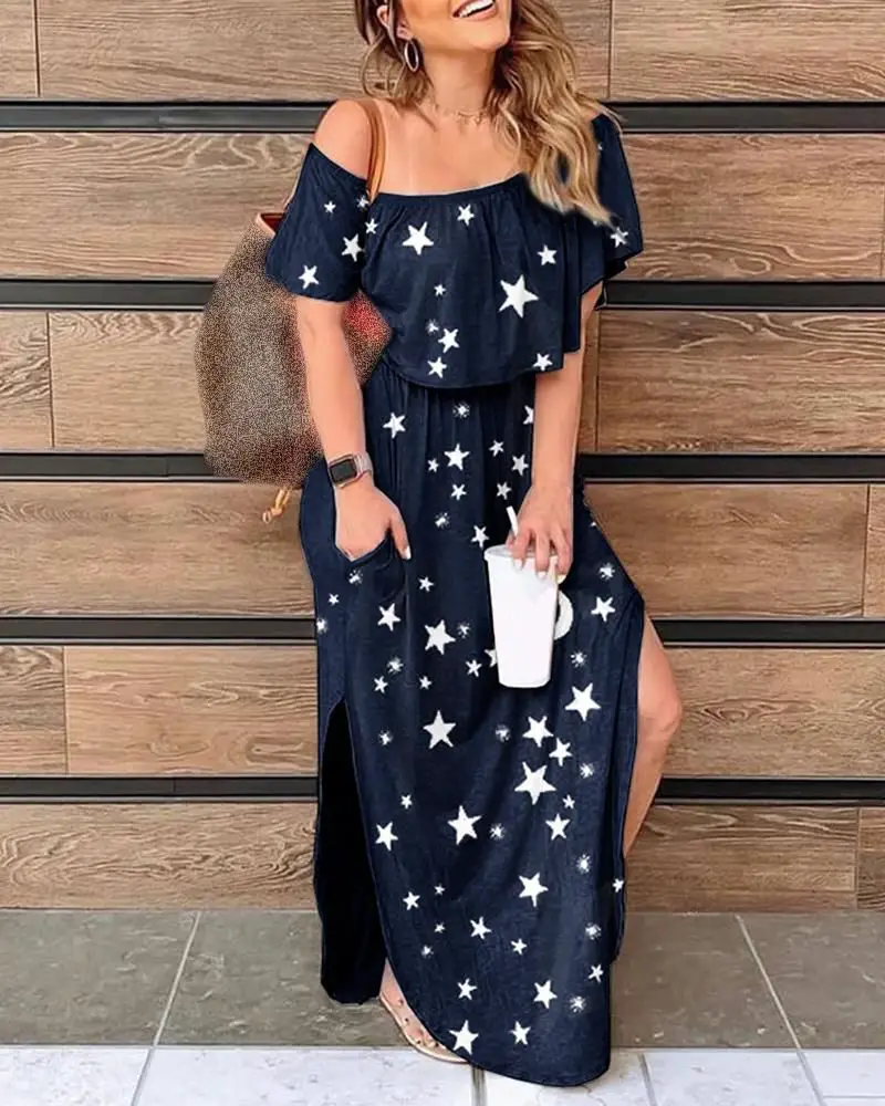 off-shoulder star print dress