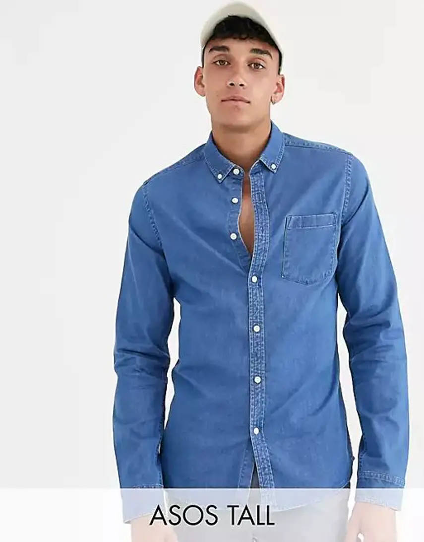 ASOS DESIGN Tall stretch slim organic denim shirt in mid wash