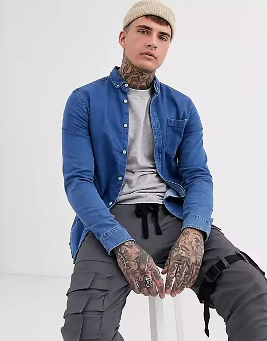 ASOS DESIGN stretch slim denim shirt in mid wash