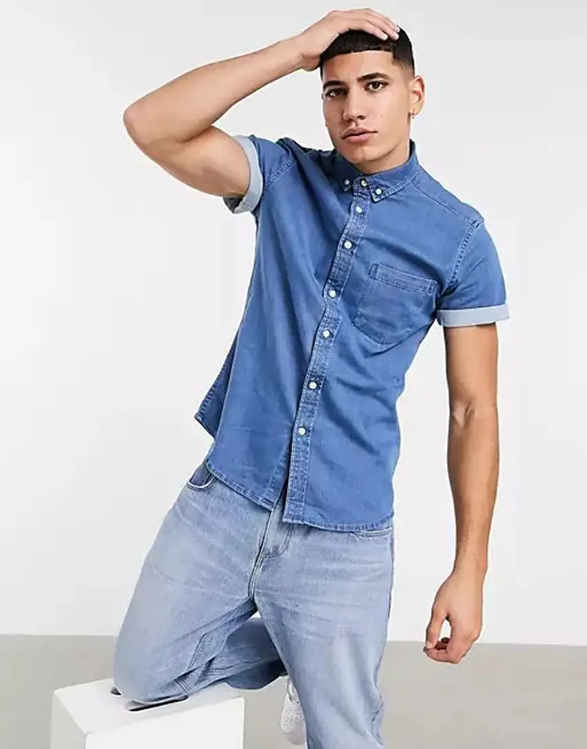 ASOS DESIGN stretch slim organic denim shirt in light wash
