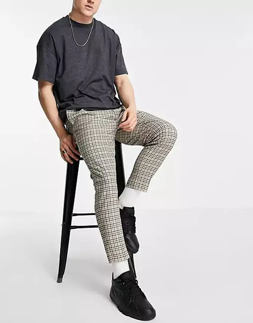 ASOS DESIGN tapered smart trousers in stone check