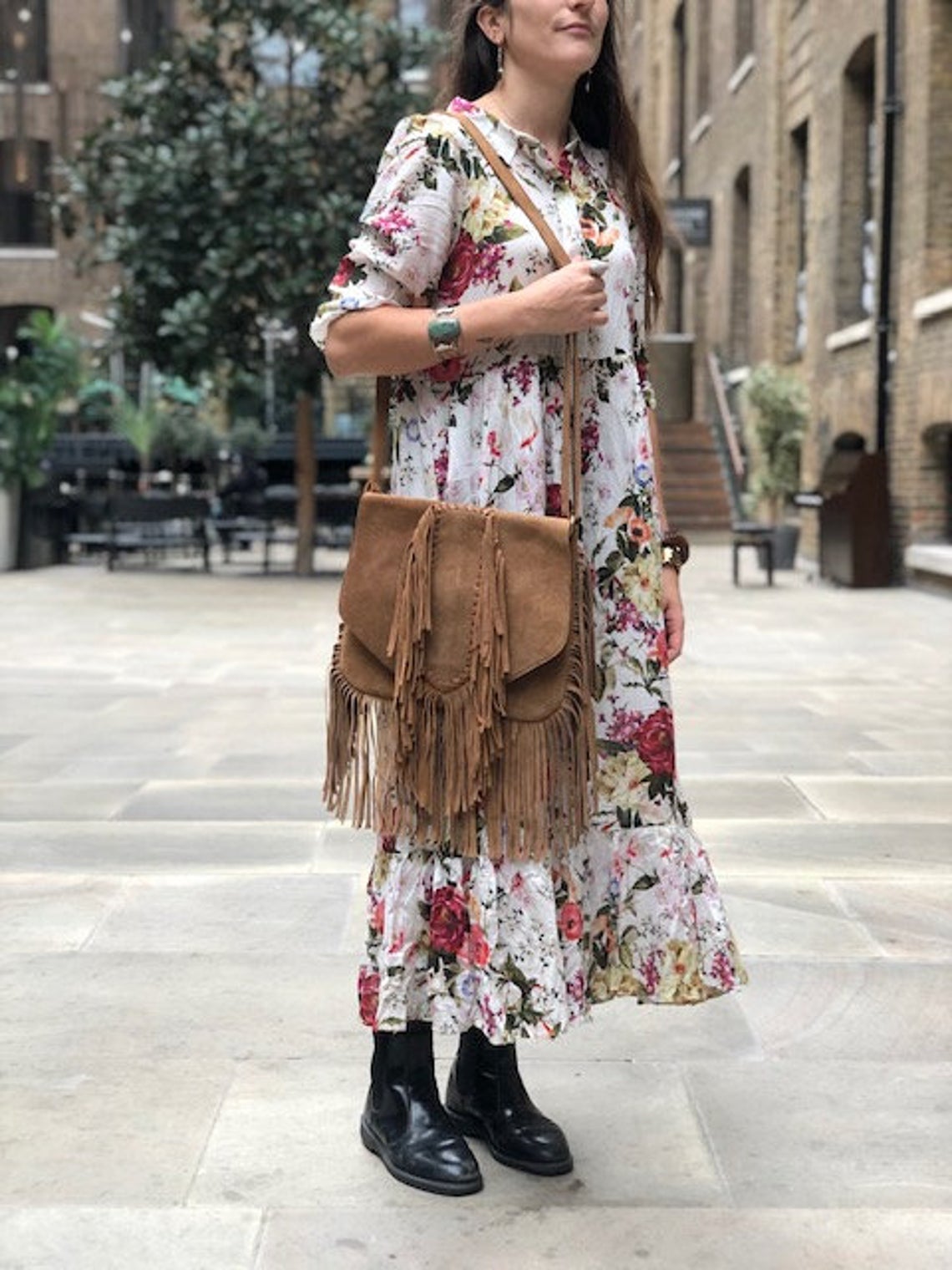 Braided FRINGE LEATHER BAG Tan - Hippie Suede Tassel Handbag | Ethnic Boho Purse | Large Bohemian Satchel | Western Leather Bag
