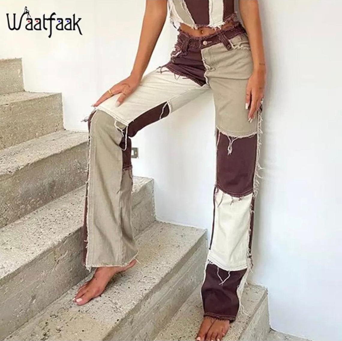 Brown Patchwork High Waist Straight Denim Pants Women Casual Skinny Ripped Jeans Capris Pocket Long Trousers Ladies Streetwear