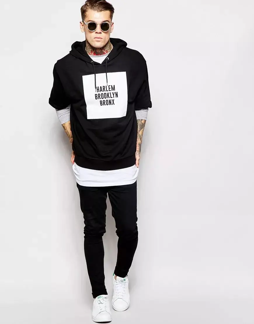 short sleeve hoodie and black sweatpants