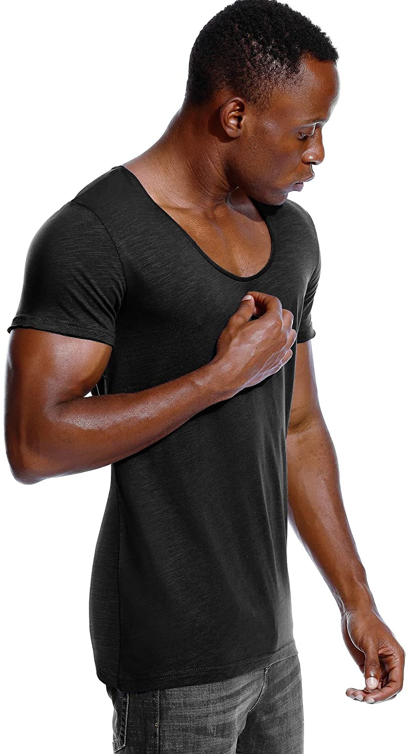 Deep V Neck T Shirt for Men Low Cut Scoop Tee Invisible Vee Top Cotton Short Sleeve Wide Neck
