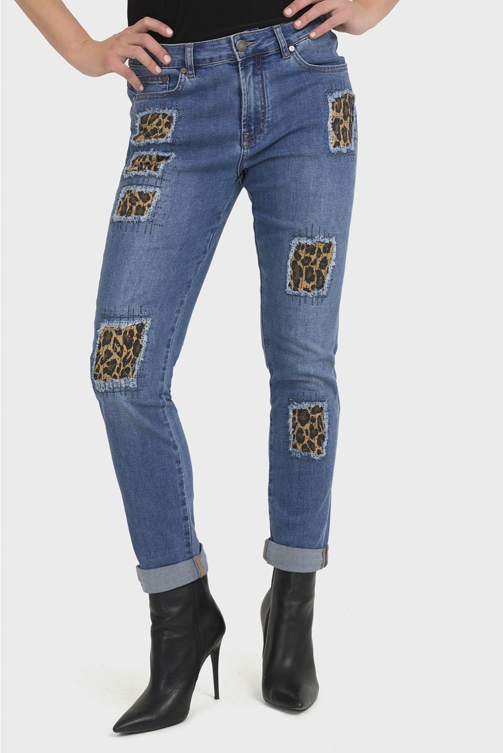 JOSEPH RIBKOFF ANIMAL PRINT PATCH JEANS STYLE 194942