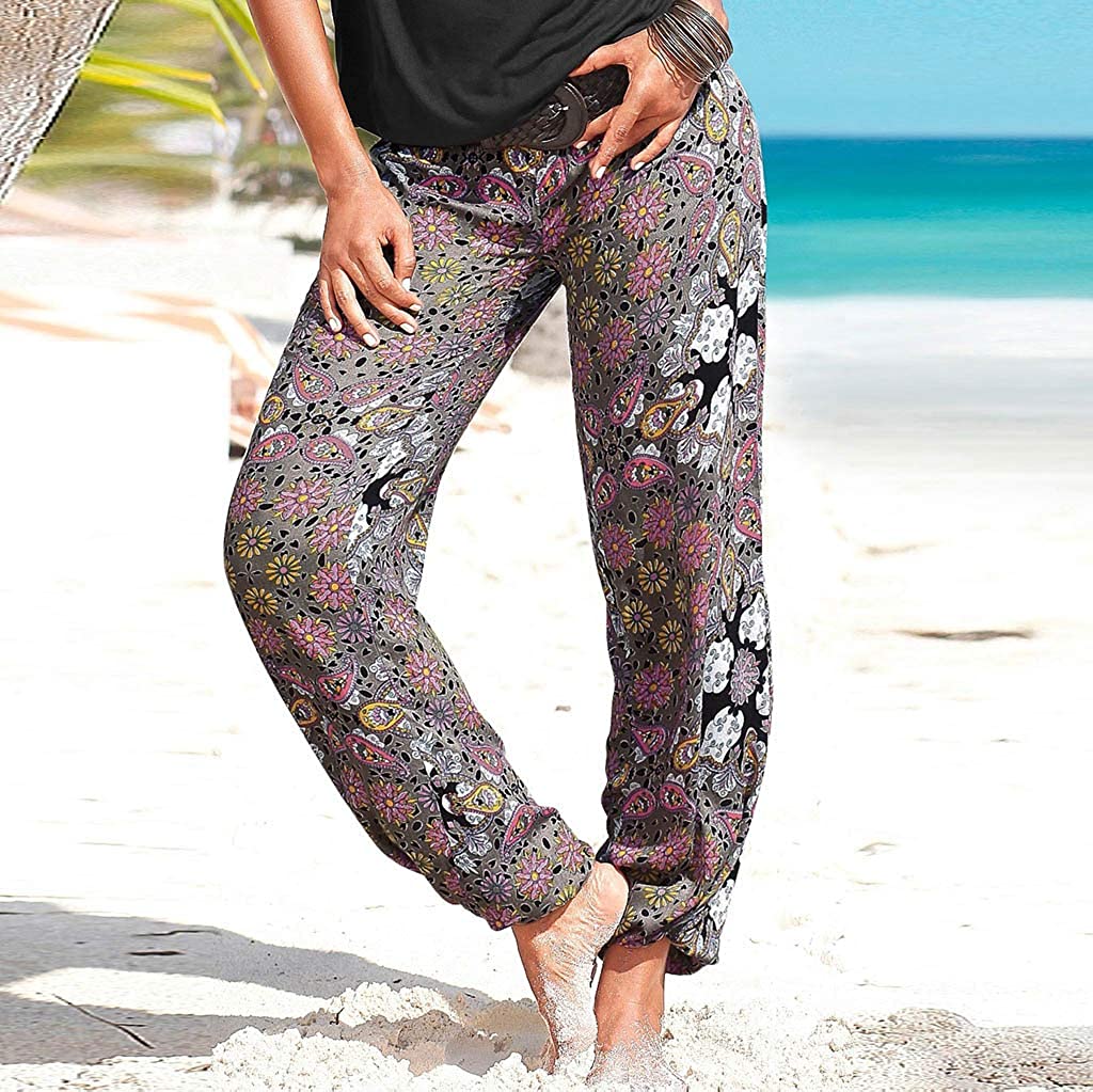 KaloryWee Palazzo Pants for Women Boho Floral Printed Hippie Trousers Ladies Paisley Print Stretch Elastic Waistband Harem Pants 6-16