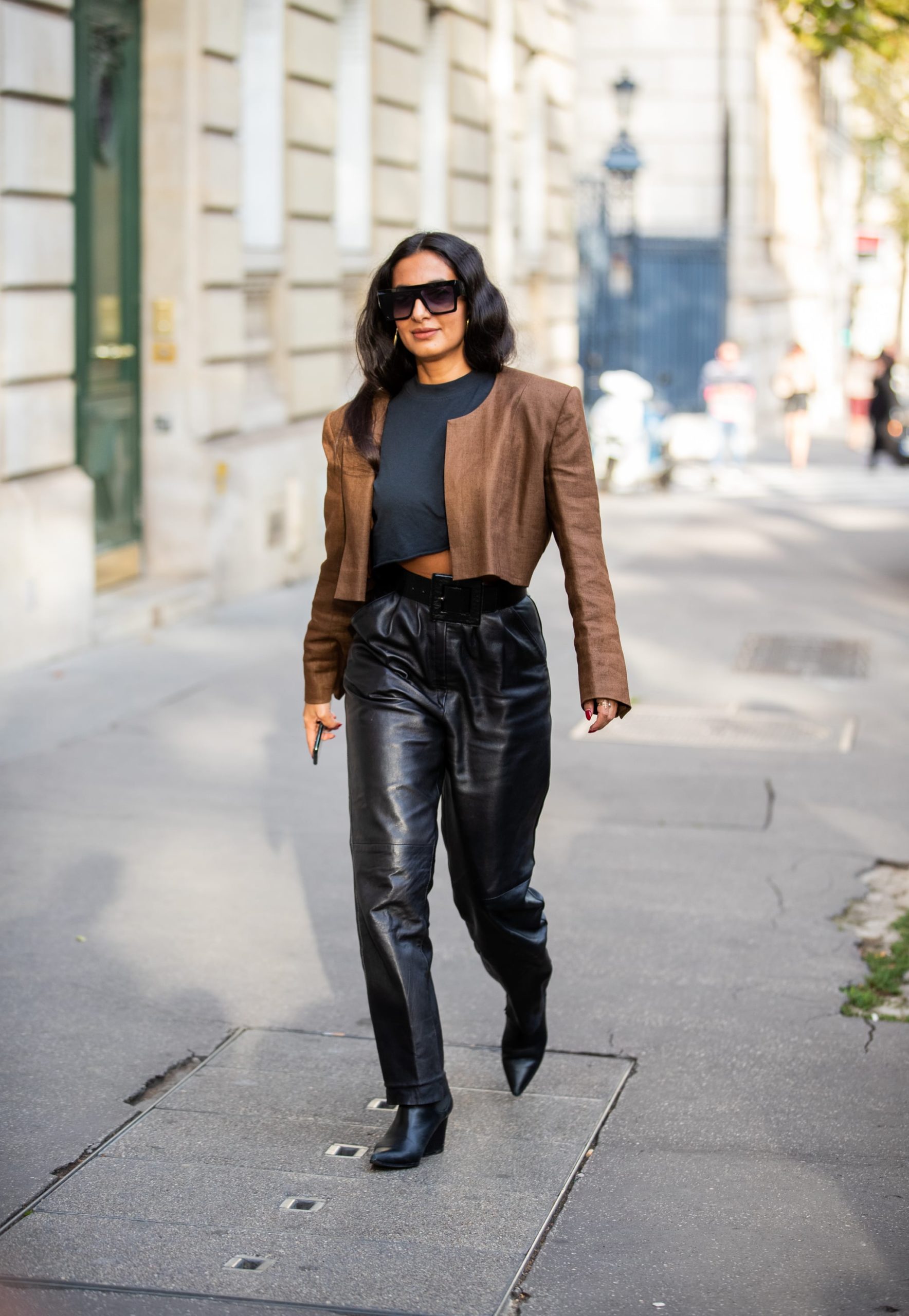 Women Leather Pants with Crop Top Under Blazer