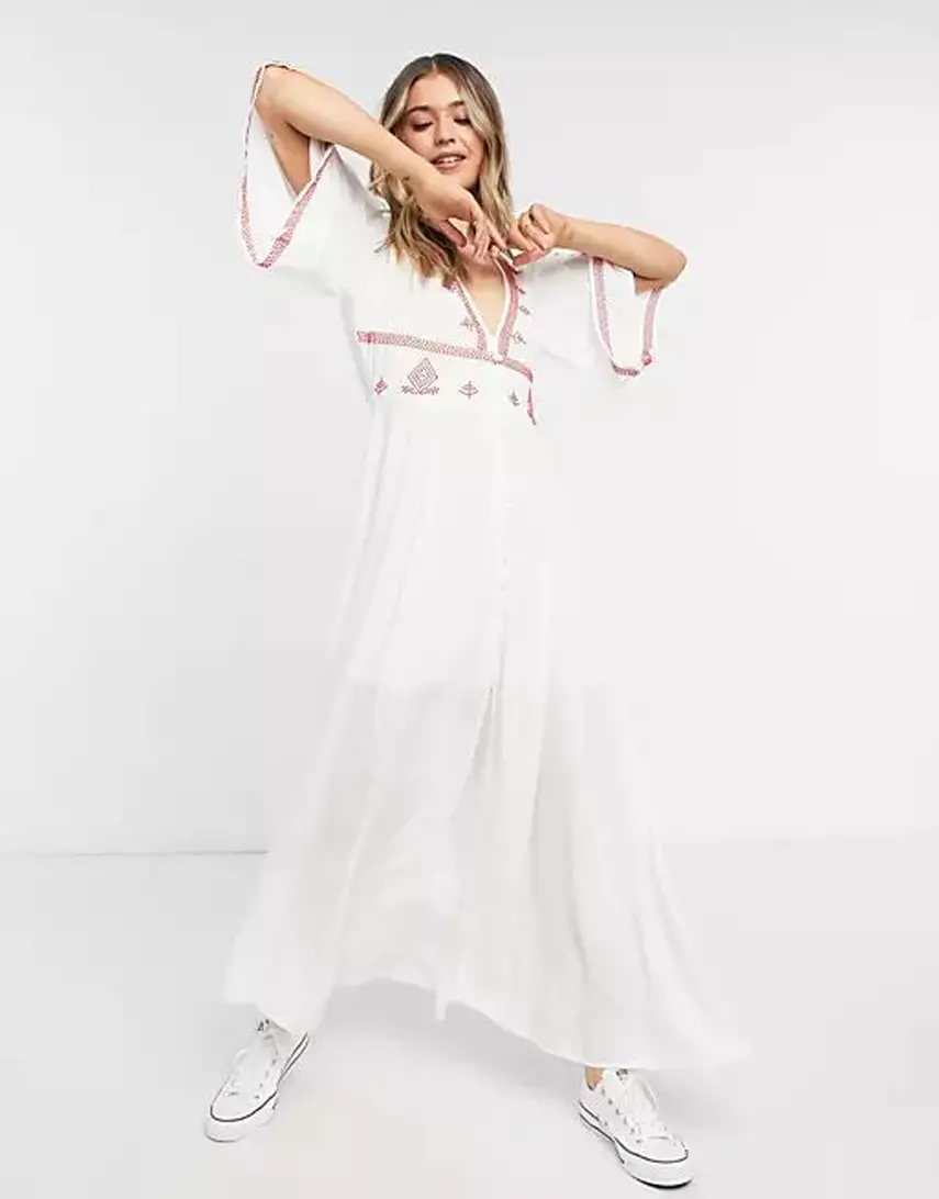 Lottie And Holly embroidered button down front maxi dress in white