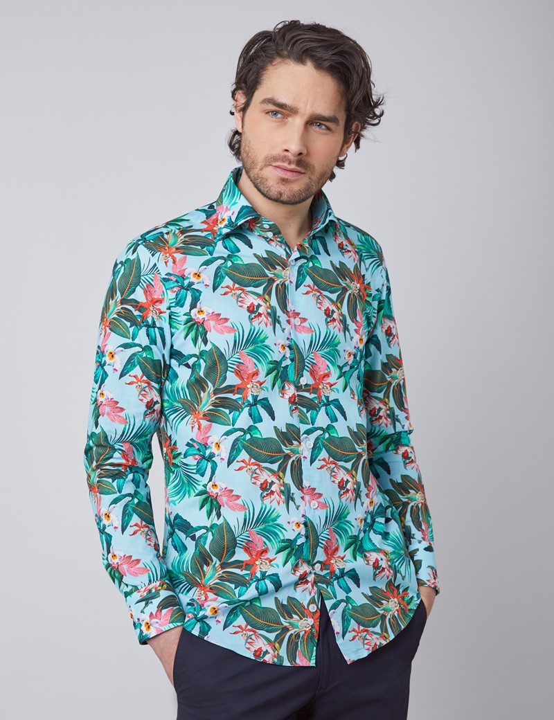 Men's Curtis Blue & Red Tropical Floral Relaxed Slim Fit Shirt - Single Cuff