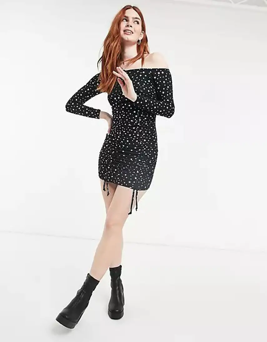 Rokoko off shoulder ruched bodycon dress in silver star print