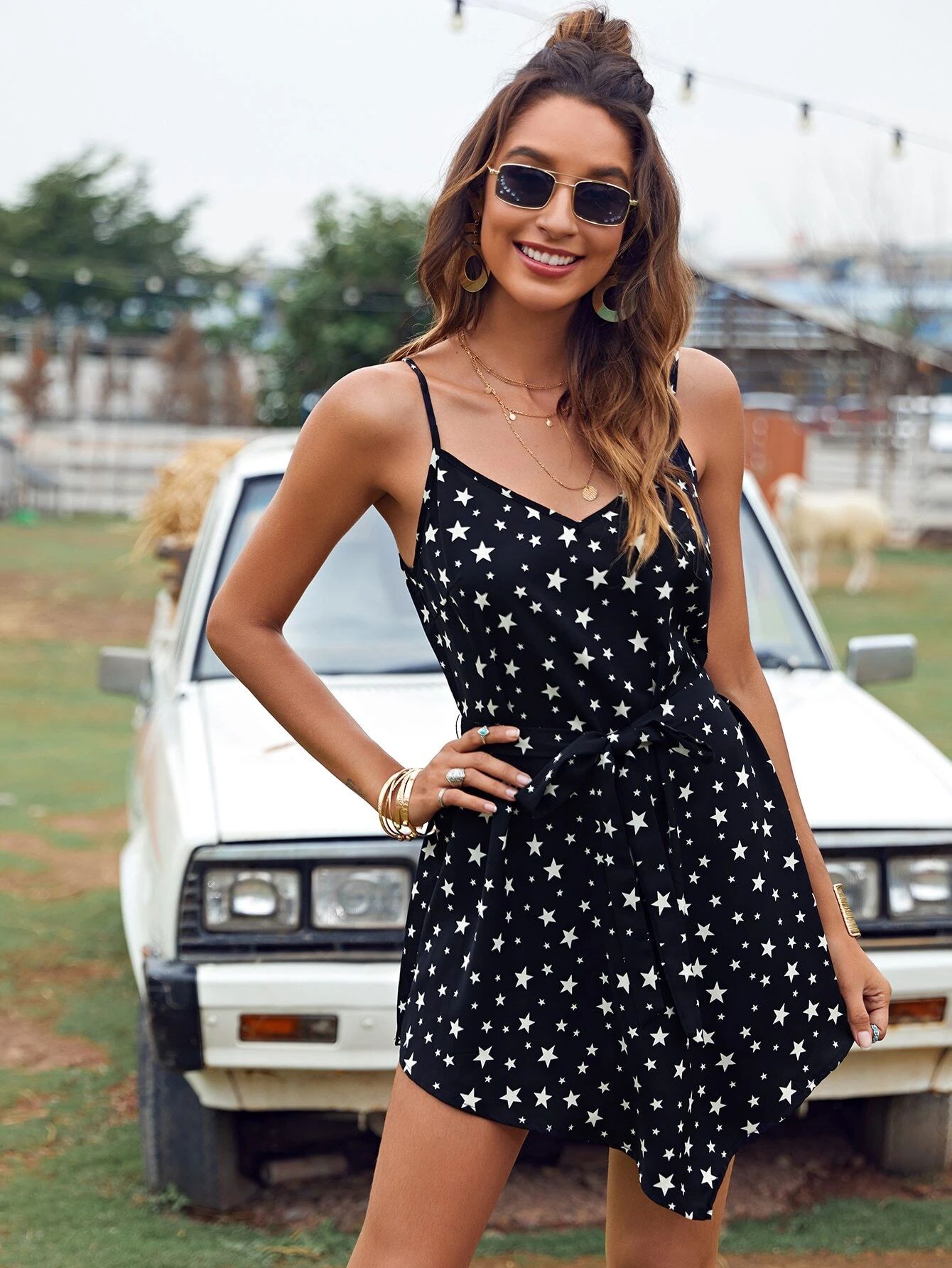 SHEIN Self Belted Asymmetrical Hem Star Print Cami Dress