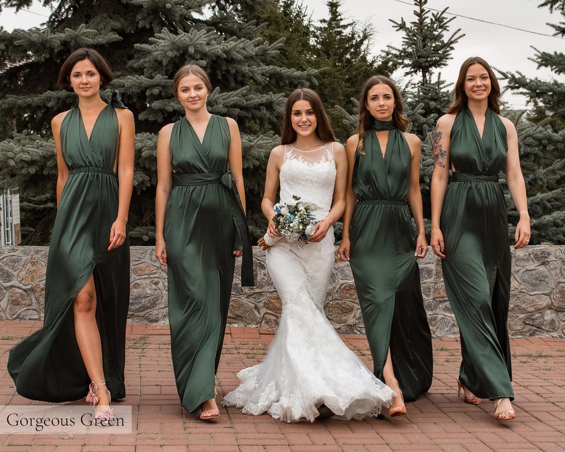 Green Infinity Bridesmaid Dress • Luxury Silk Long Multiway Prom Wrap Dress • Sexy Satin Plus Size Transformer • Unique Gift Idea for Her
