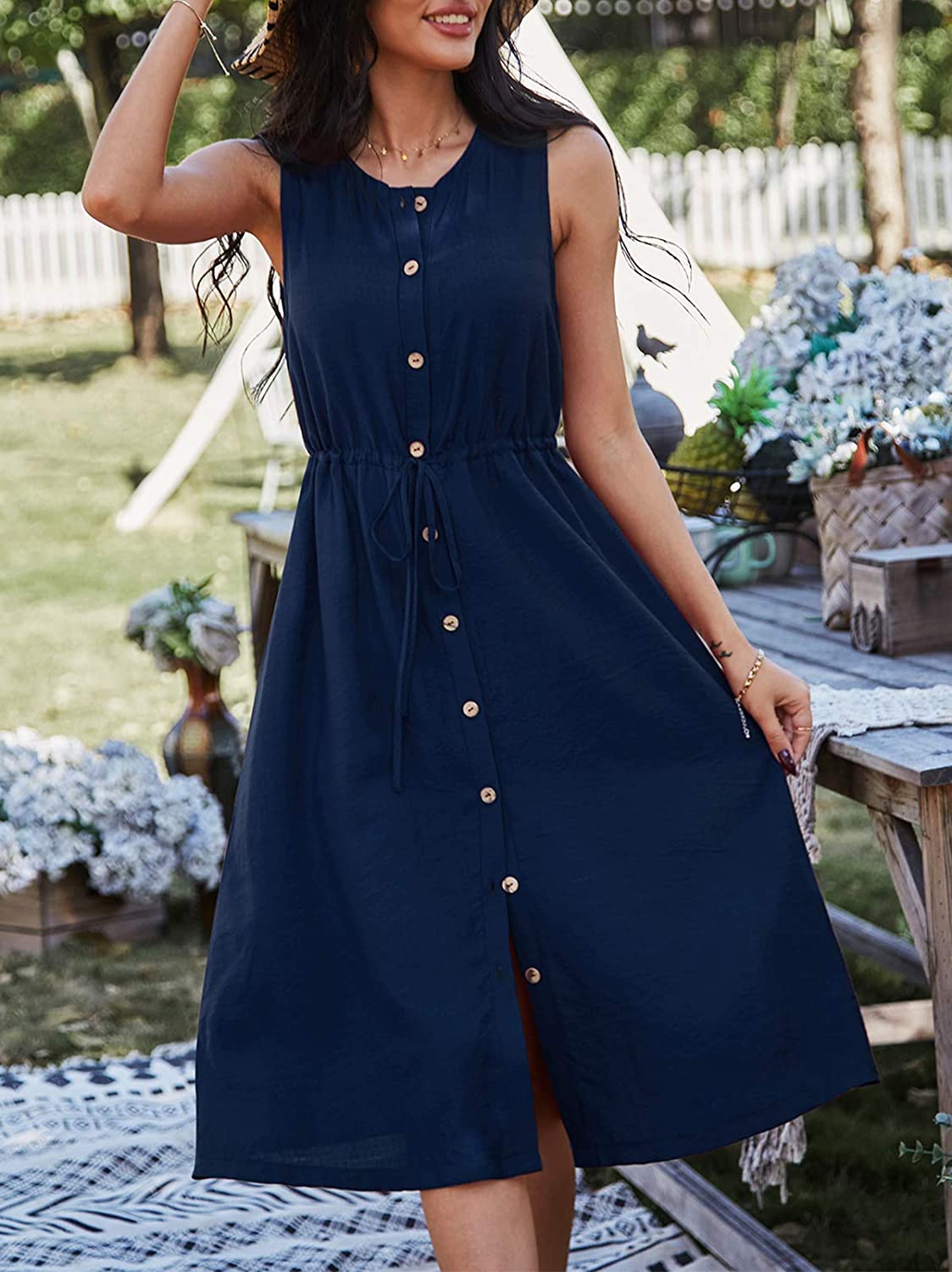 Women Casual Summer Dress Sleeveless Button Down Swing Midi Dresses with Drawstring